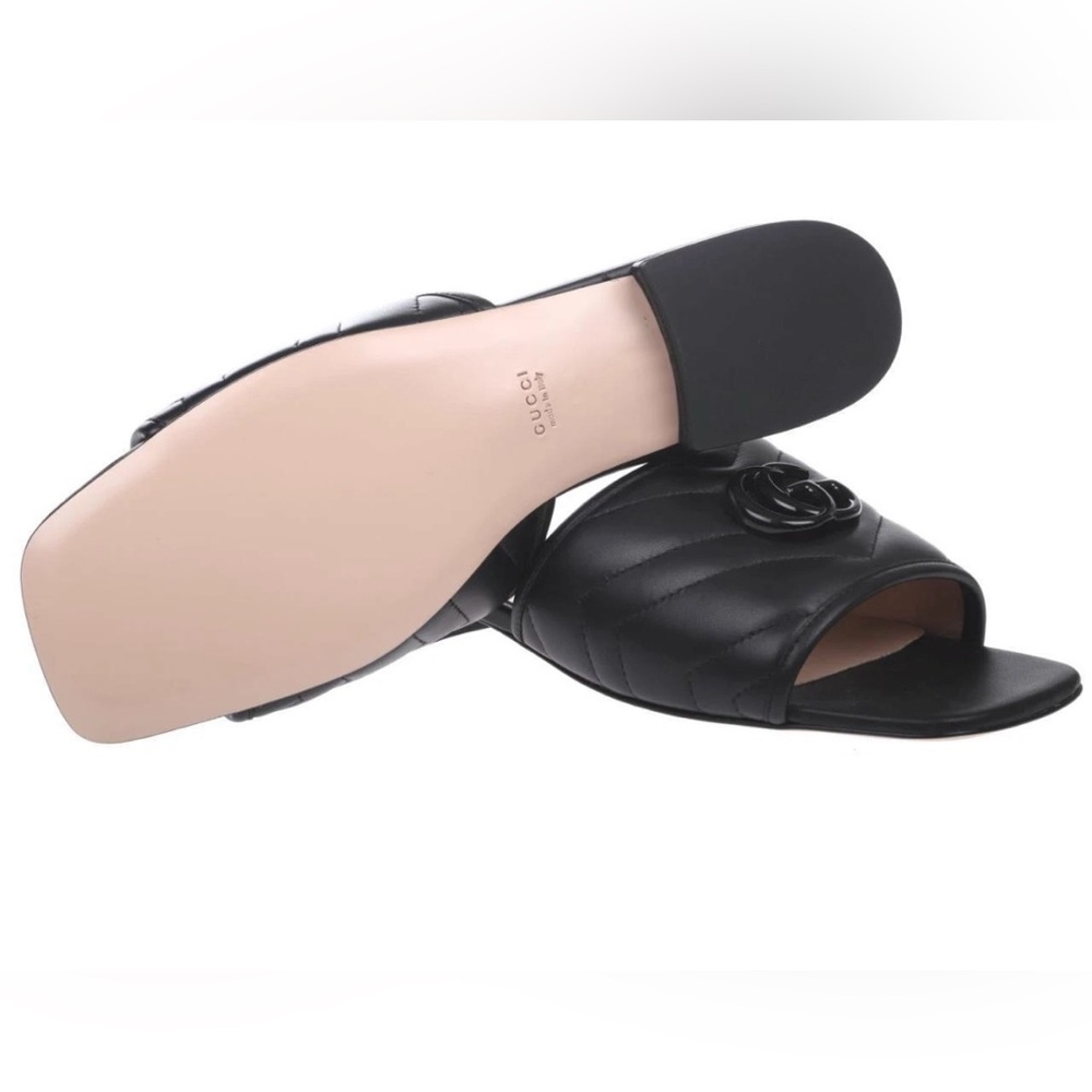 NEW GUCCI DOUBLE G BLACK CHEVRON MATELASSE LEATHER SLIDE SANDALS SHOES 36/US 6 - Picture 5 of 5
